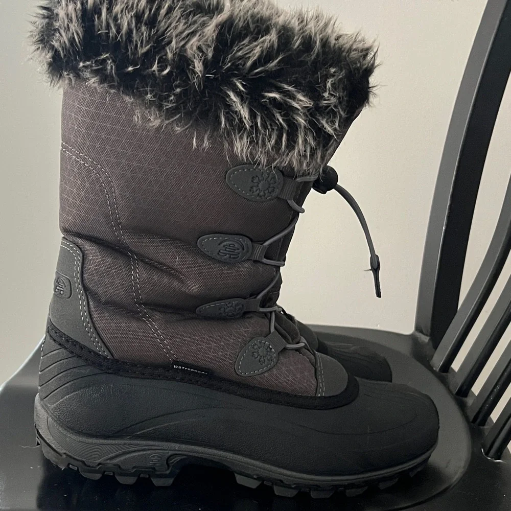 Like New Kamik Momentum Waterproof Gray, Black Winter Snow Boots, Faux Fur Sz 7